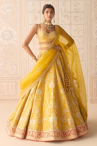Dandelion Yellow Raw Silk Applique & Thread Embroidered Lehenga Set by Shyam Narayan Prasad