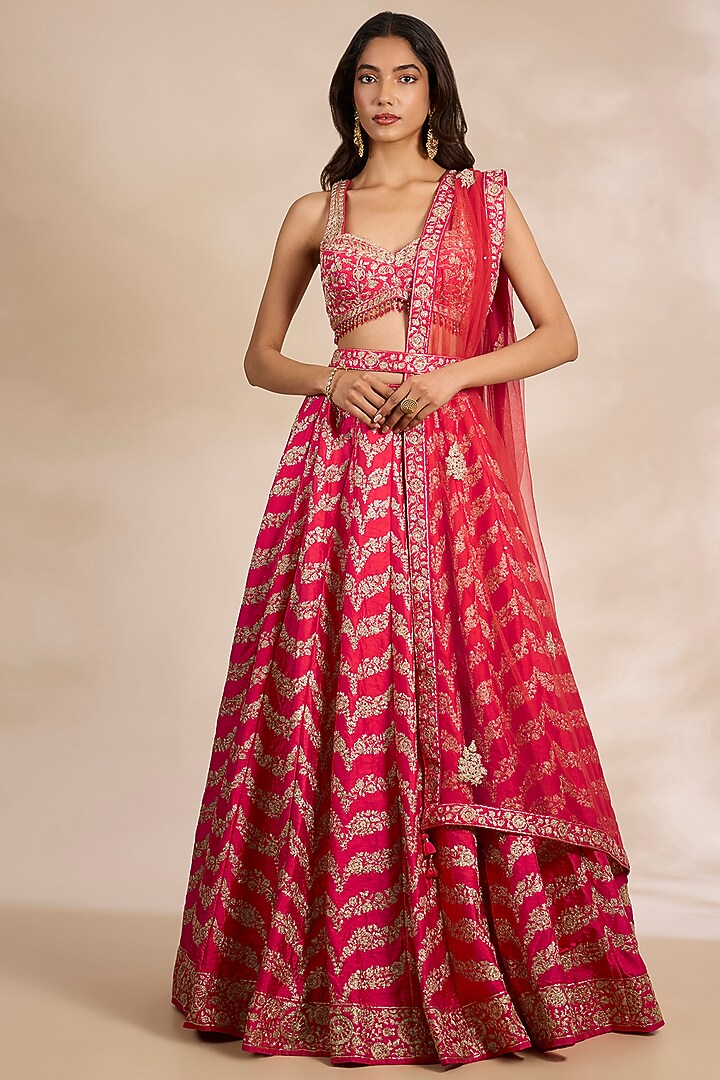Hibiscus Pink Raw Silk & Organza Wedding Lehenga Set by Shyam Narayan Prasad at Pernia's Pop Up Shop