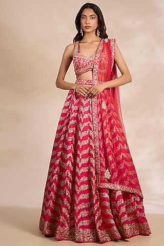 Hibiscus Pink Raw Silk & Organza Lehenga Set by Shyam Narayan Prasad