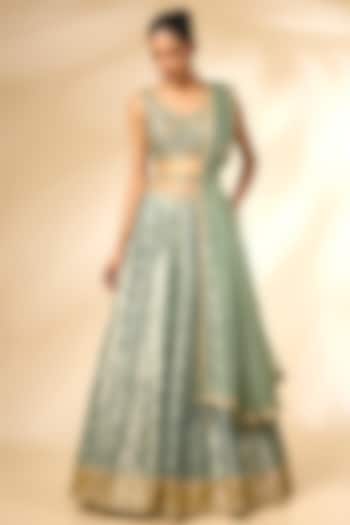 Smoke Green Organza Tissue Brocade Wedding Lehenga Set by Shyam Narayan Prasad at Pernia's Pop Up Shop