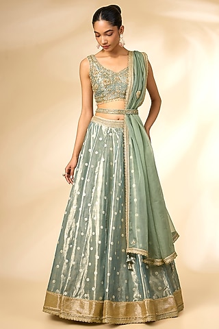 Smoke Green Organza Tissue Brocade Lehenga Set by Shyam Narayan Prasad