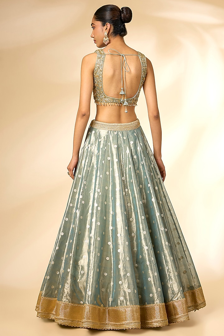 Smoke Green Organza Tissue Brocade Wedding Lehenga Set by Shyam Narayan Prasad at Pernia's Pop Up Shop