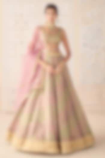 Dusty Rose Pink Tissue Organza Brocade Embroidered Wedding Lehenga Set by Shyam Narayan Prasad at Pernia's Pop Up Shop