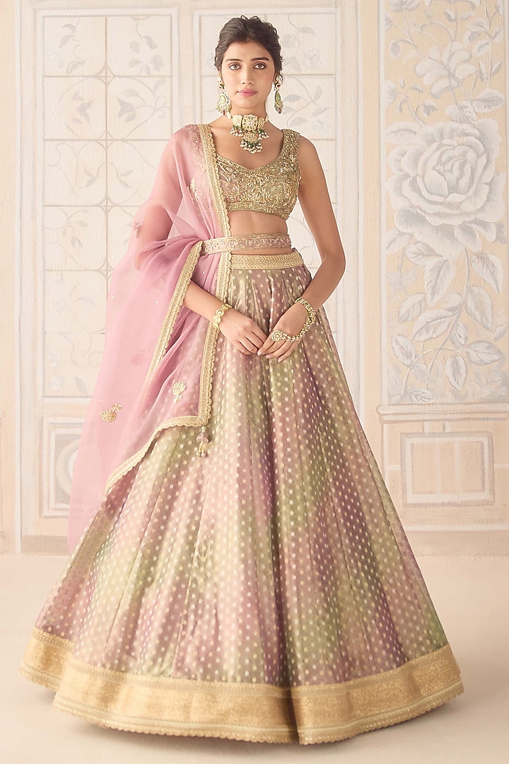 Dusty Rose Pink Tissue Organza Brocade Embroidered Wedding Lehenga Set by Shyam Narayan Prasad at Pernia's Pop Up Shop