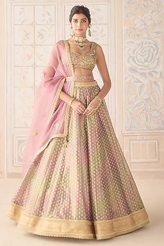 Dusty Rose Pink Tissue Organza Brocade Embroidered Lehenga Set by Shyam Narayan Prasad