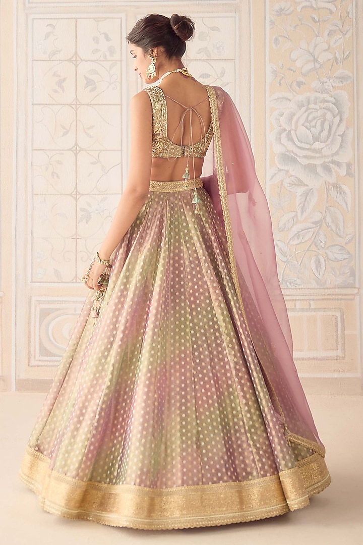 Dusty Rose Pink Tissue Organza Brocade Embroidered Wedding Lehenga Set by Shyam Narayan Prasad at Pernia's Pop Up Shop