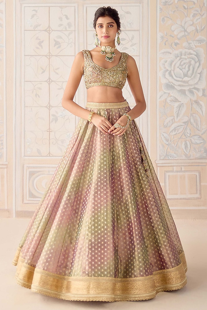 Dusty Rose Pink Tissue Organza Brocade Embroidered Wedding Lehenga Set by Shyam Narayan Prasad at Pernia's Pop Up Shop