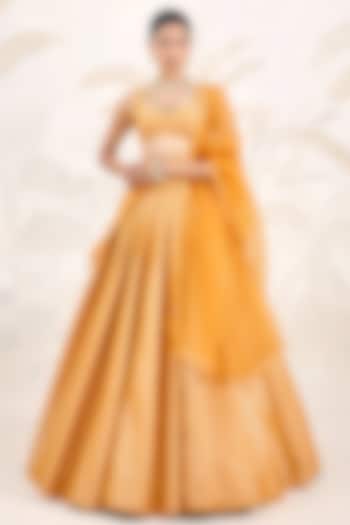 Mustard Yellow Banarasi Silk Brocade Pleated Wedding Lehenga Set by Shyam Narayan Prasad at Pernia's Pop Up Shop