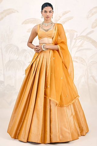 Mustard Yellow Banarasi Silk Brocade Pleated Lehenga Set by Shyam Narayan Prasad