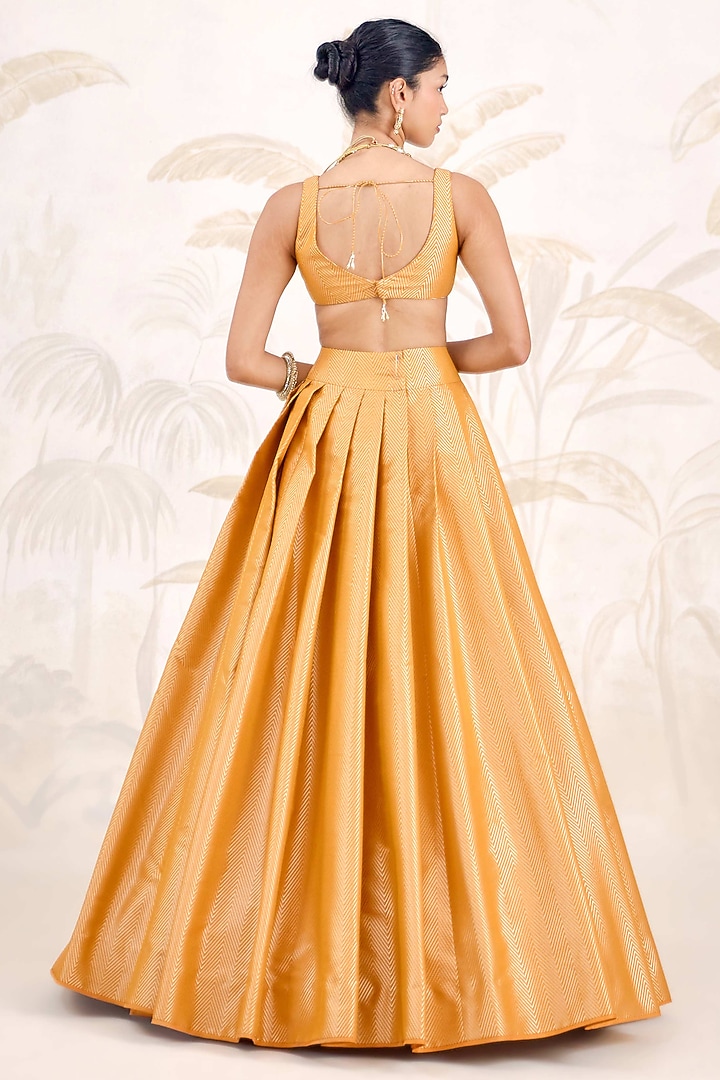 Mustard Yellow Banarasi Silk Brocade Pleated Wedding Lehenga Set by Shyam Narayan Prasad at Pernia's Pop Up Shop
