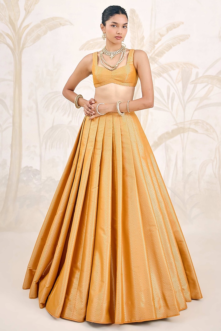 Mustard Yellow Banarasi Silk Brocade Pleated Wedding Lehenga Set by Shyam Narayan Prasad at Pernia's Pop Up Shop