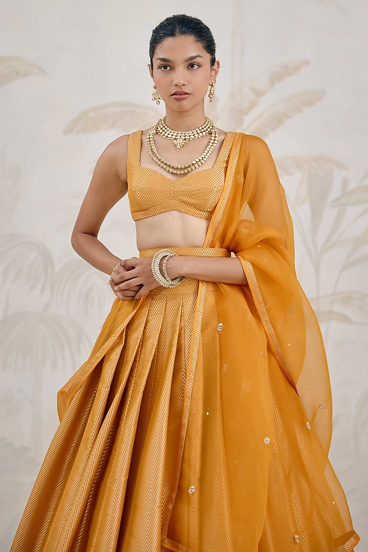 Mustard Yellow Banarasi Silk Brocade Pleated Wedding Lehenga Set by Shyam Narayan Prasad at Pernia's Pop Up Shop