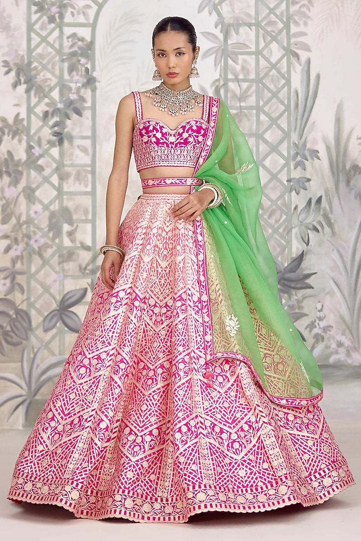Pink Shaded Raw Silk Gota Embroidered Wedding Lehenga Set by Shyam Narayan Prasad at Pernia's Pop Up Shop