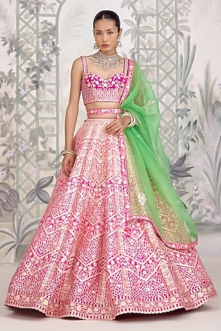 Pink Shaded Raw Silk Gota Embroidered Lehenga Set by Shyam Narayan Prasad