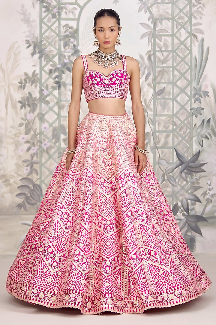 Pink Shaded Raw Silk Gota Embroidered Wedding Lehenga Set by Shyam Narayan Prasad at Pernia's Pop Up Shop
