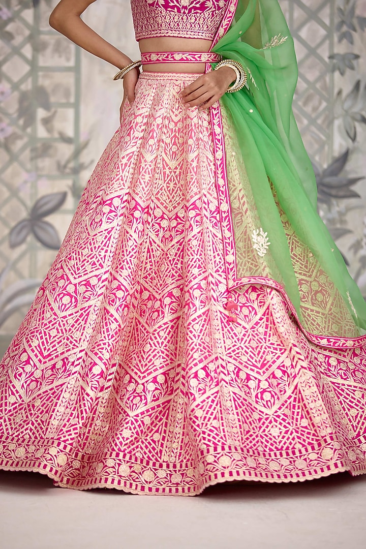 Pink Shaded Raw Silk Gota Embroidered Wedding Lehenga Set by Shyam Narayan Prasad at Pernia's Pop Up Shop
