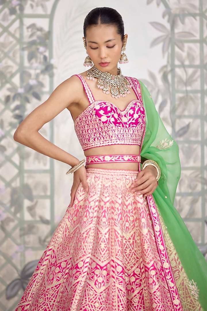 Pink Shaded Raw Silk Gota Embroidered Wedding Lehenga Set by Shyam Narayan Prasad at Pernia's Pop Up Shop