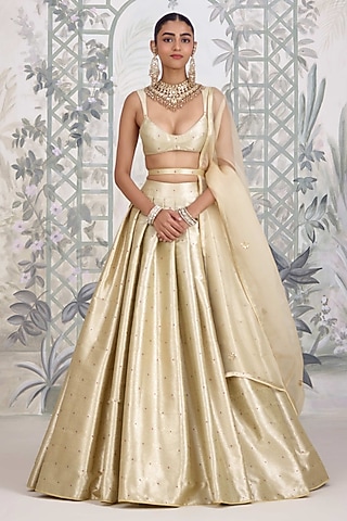 Gold Banarasi Silk Brocade Pleated Lehenga Set by Shyam Narayan Prasad