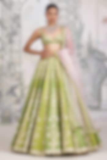Green Raw Silk Applique Thread Embroidered Wedding Lehenga Set by Shyam Narayan Prasad at Pernia's Pop Up Shop