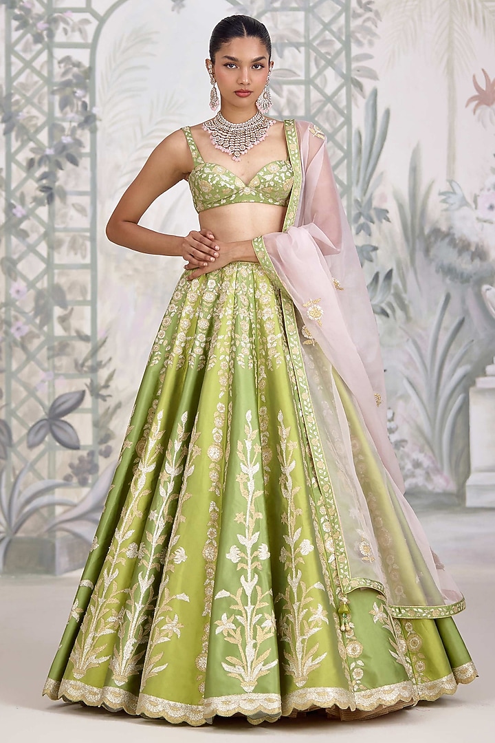 Green Raw Silk Applique Thread Embroidered Wedding Lehenga Set by Shyam Narayan Prasad at Pernia's Pop Up Shop