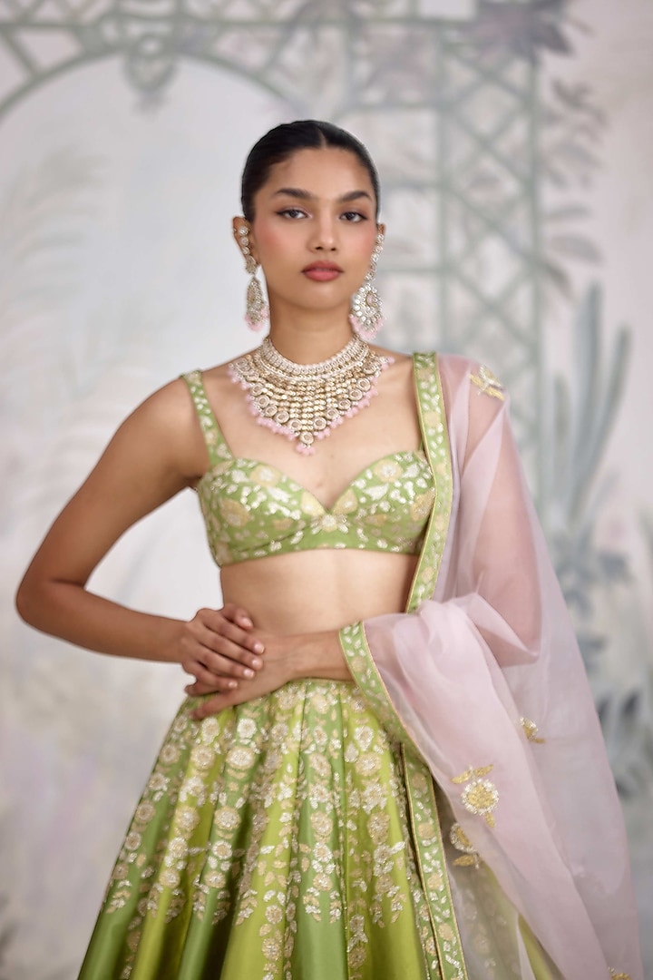 Green Raw Silk Applique Thread Embroidered Wedding Lehenga Set by Shyam Narayan Prasad at Pernia's Pop Up Shop