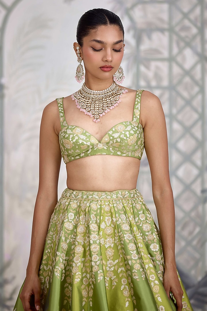 Green Raw Silk Applique Thread Embroidered Wedding Lehenga Set by Shyam Narayan Prasad at Pernia's Pop Up Shop