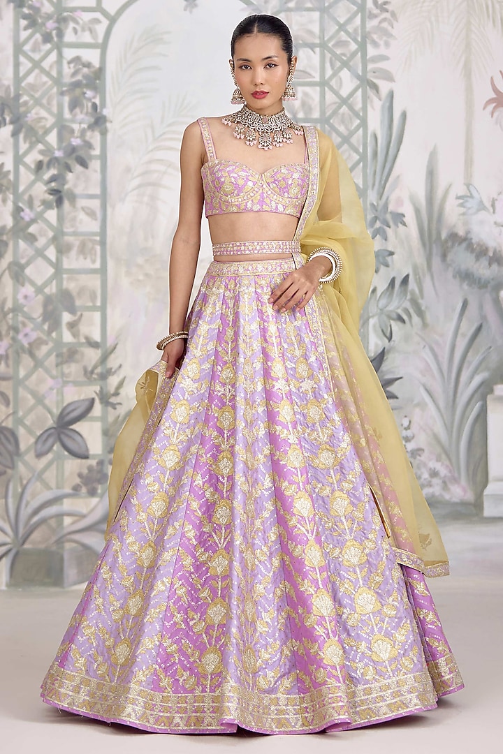 Lavender Raw Silk Applique Thread Embroidered Wedding Lehenga Set by Shyam Narayan Prasad at Pernia's Pop Up Shop