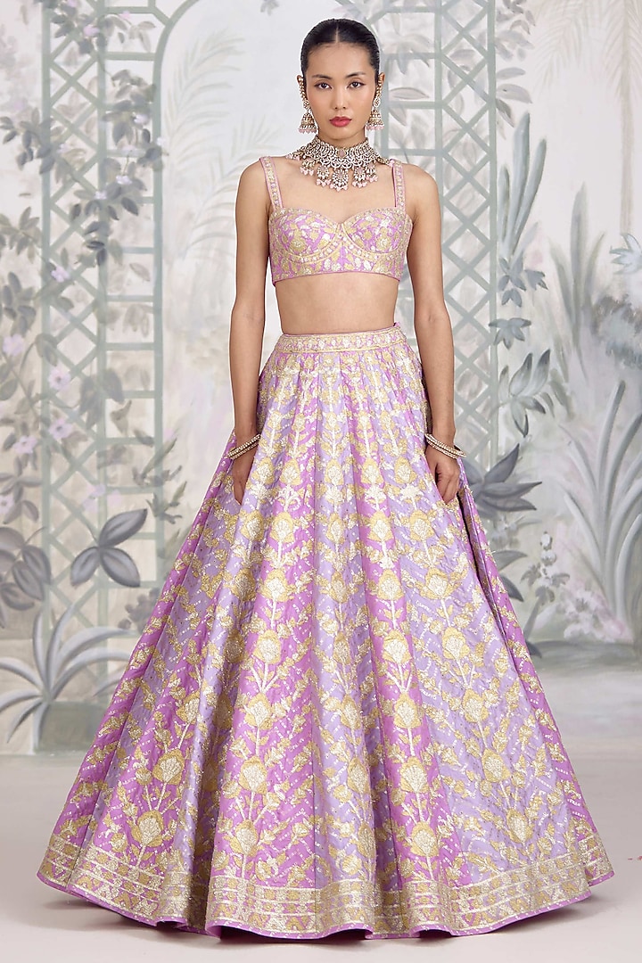 Lavender Raw Silk Applique Thread Embroidered Wedding Lehenga Set by Shyam Narayan Prasad at Pernia's Pop Up Shop
