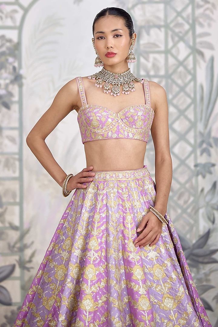 Lavender Raw Silk Applique Thread Embroidered Wedding Lehenga Set by Shyam Narayan Prasad at Pernia's Pop Up Shop