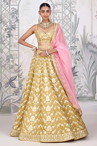 Yellow Raw Silk Applique Thread Embroidered Lehenga Set by Shyam Narayan Prasad