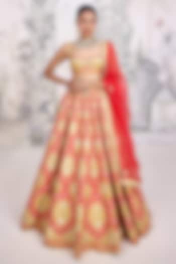Red-Orange Raw Silk Applique Thread Embroidered Wedding Lehenga Set by Shyam Narayan Prasad at Pernia's Pop Up Shop