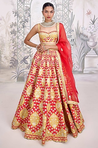 Red-Orange Raw Silk Applique Thread Embroidered Lehenga Set by Shyam Narayan Prasad