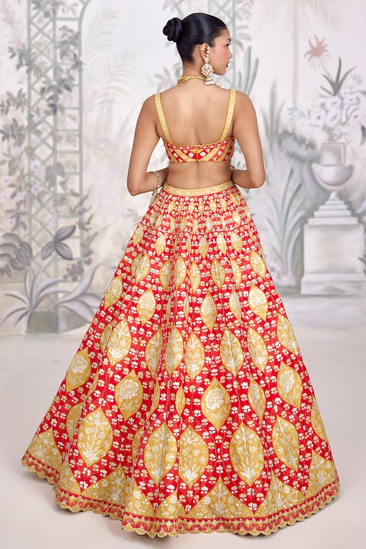 Red-Orange Raw Silk Applique Thread Embroidered Wedding Lehenga Set by Shyam Narayan Prasad at Pernia's Pop Up Shop