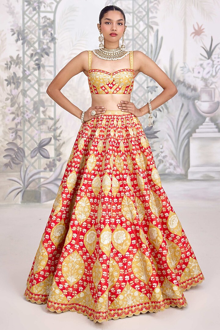 Red-Orange Raw Silk Applique Thread Embroidered Wedding Lehenga Set by Shyam Narayan Prasad at Pernia's Pop Up Shop