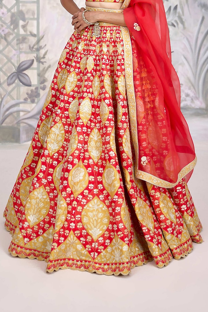 Red-Orange Raw Silk Applique Thread Embroidered Wedding Lehenga Set by Shyam Narayan Prasad at Pernia's Pop Up Shop