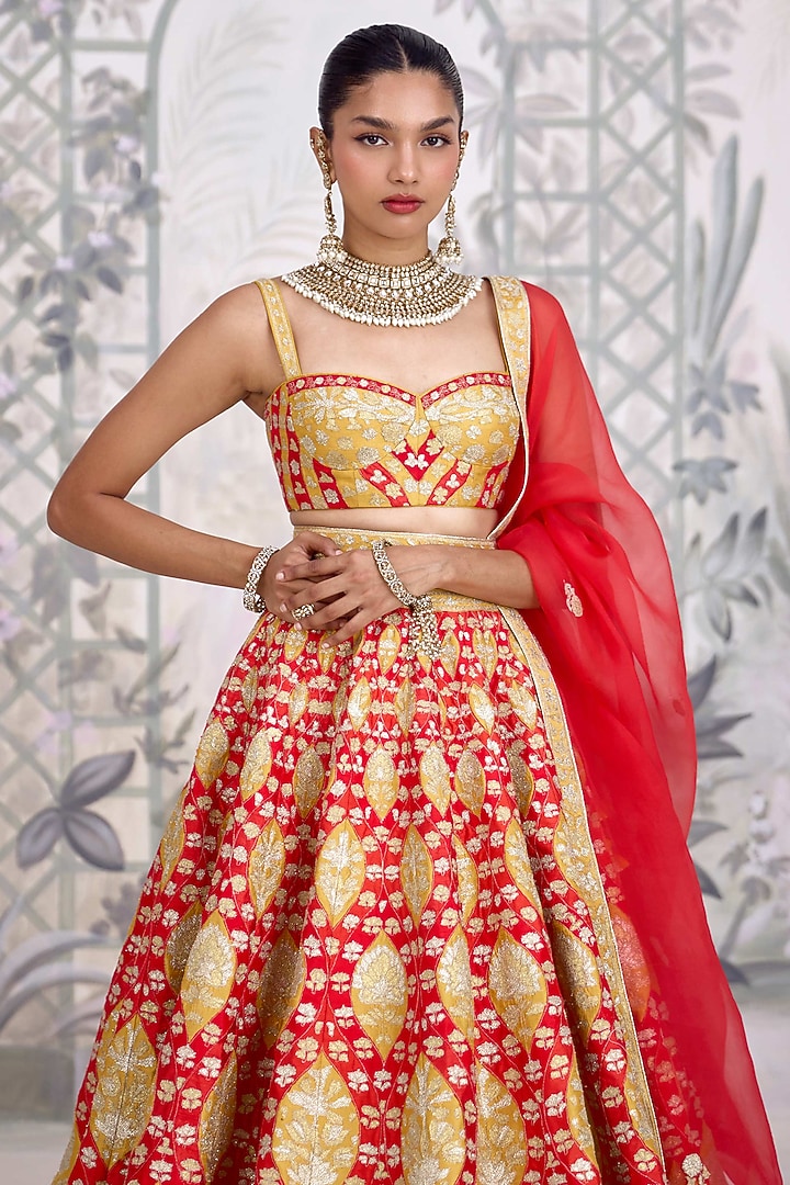 Red-Orange Raw Silk Applique Thread Embroidered Wedding Lehenga Set by Shyam Narayan Prasad at Pernia's Pop Up Shop