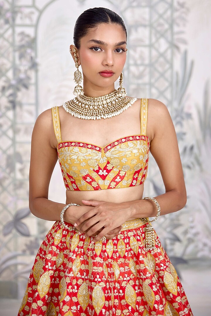 Red-Orange Raw Silk Applique Thread Embroidered Wedding Lehenga Set by Shyam Narayan Prasad at Pernia's Pop Up Shop