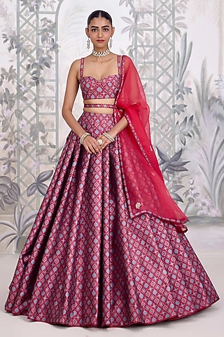 Red-Brown Banarasi Silk Brocade Pleated Lehenga Set by Shyam Narayan Prasad
