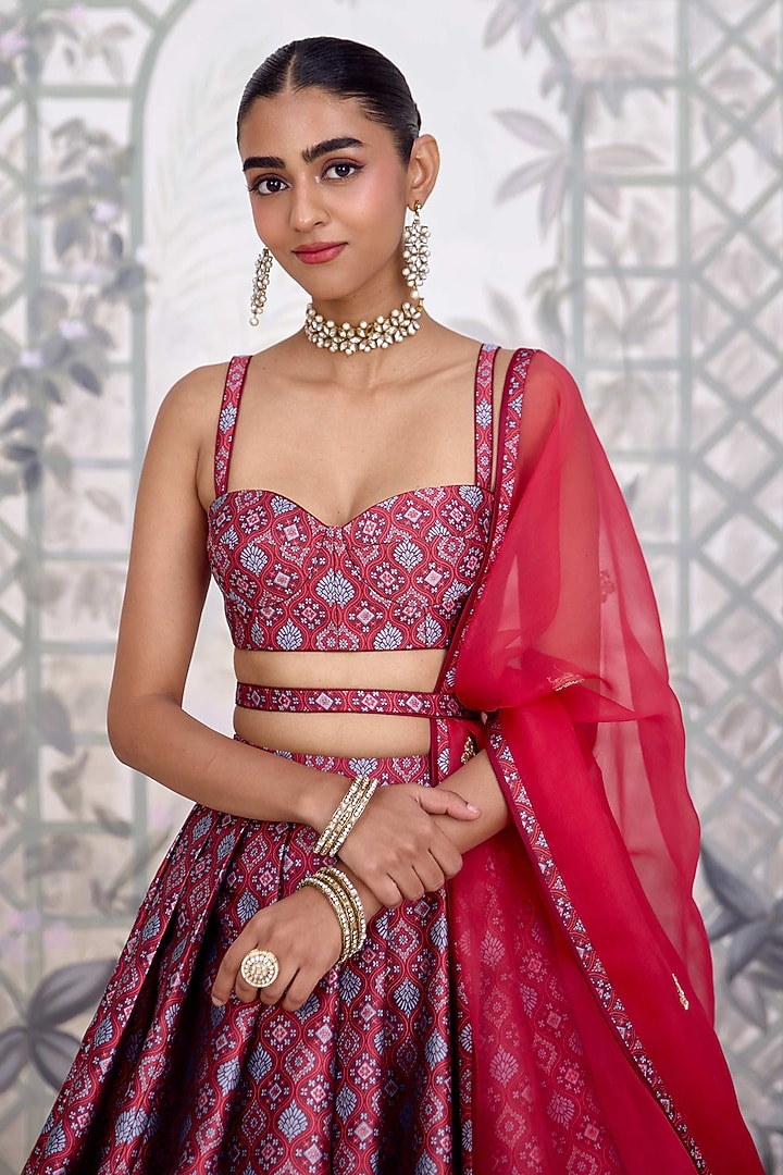Red-Brown Banarasi Silk Brocade Pleated Wedding Lehenga Set by Shyam Narayan Prasad at Pernia's Pop Up Shop