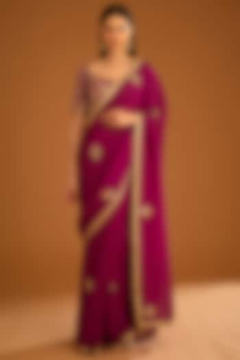Raspberry Pink Flat Chiffon Embroidered Saree Set by Shyam Narayan Prasad