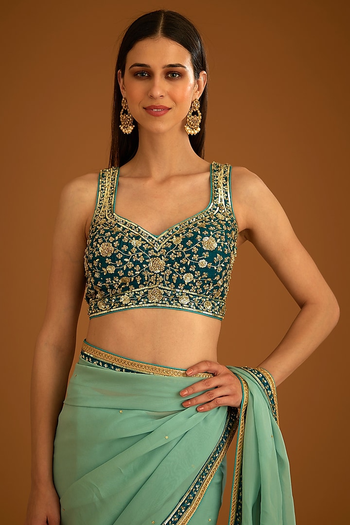 Opal Green Flat Chiffon Embroidered Wedding Saree Set by Shyam Narayan Prasad at Pernia's Pop Up Shop