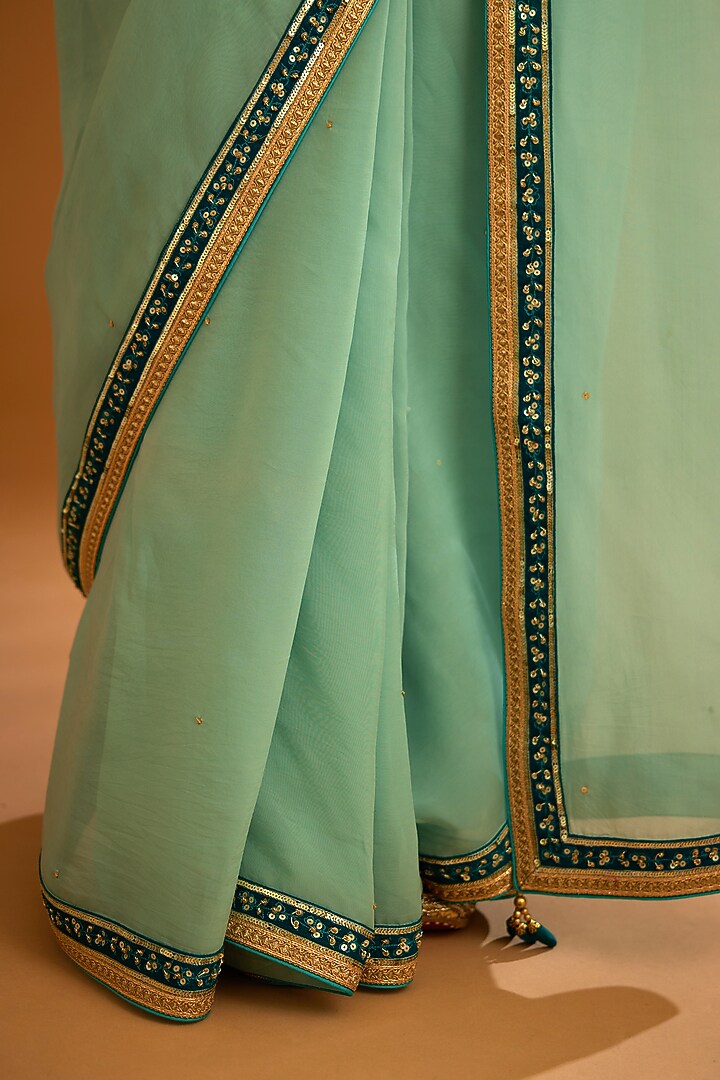 Opal Green Flat Chiffon Embroidered Wedding Saree Set by Shyam Narayan Prasad at Pernia's Pop Up Shop