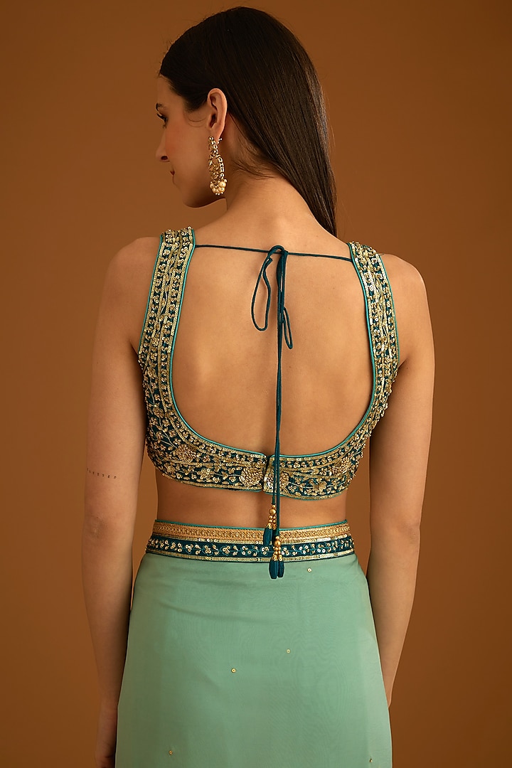 Opal Green Flat Chiffon Embroidered Wedding Saree Set by Shyam Narayan Prasad at Pernia's Pop Up Shop