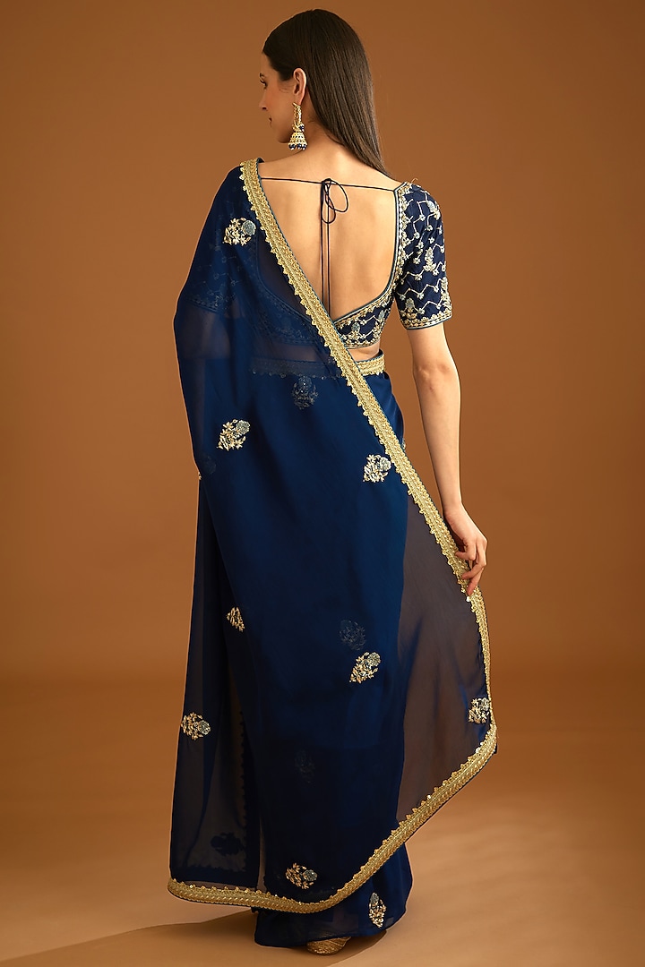 Midnight Blue Flat Chiffon Embroidered Wedding Saree Set by Shyam Narayan Prasad at Pernia's Pop Up Shop