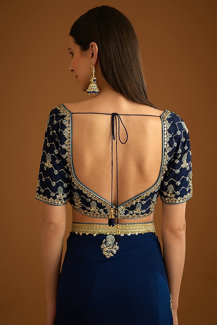 Midnight Blue Flat Chiffon Embroidered Wedding Saree Set by Shyam Narayan Prasad at Pernia's Pop Up Shop