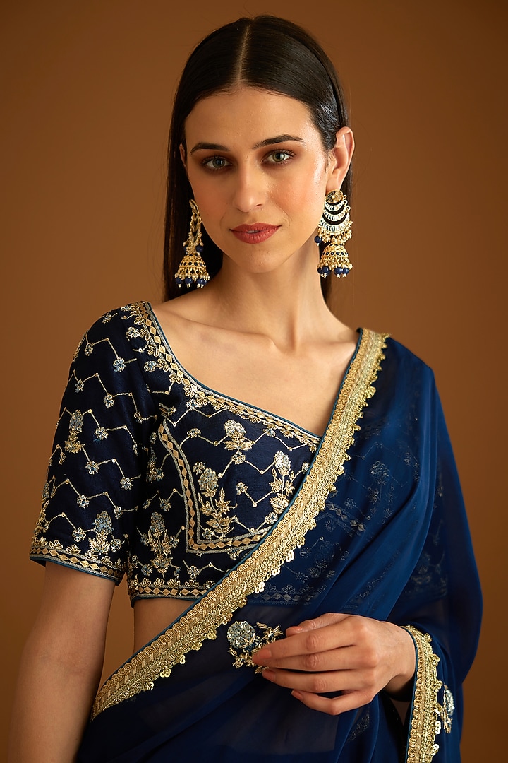 Midnight Blue Flat Chiffon Embroidered Wedding Saree Set by Shyam Narayan Prasad at Pernia's Pop Up Shop