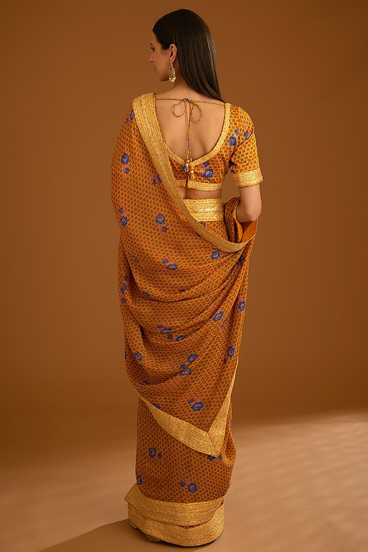 Mustard Yellow Flat Chiffon Printed Wedding Saree Set by Shyam Narayan Prasad at Pernia's Pop Up Shop