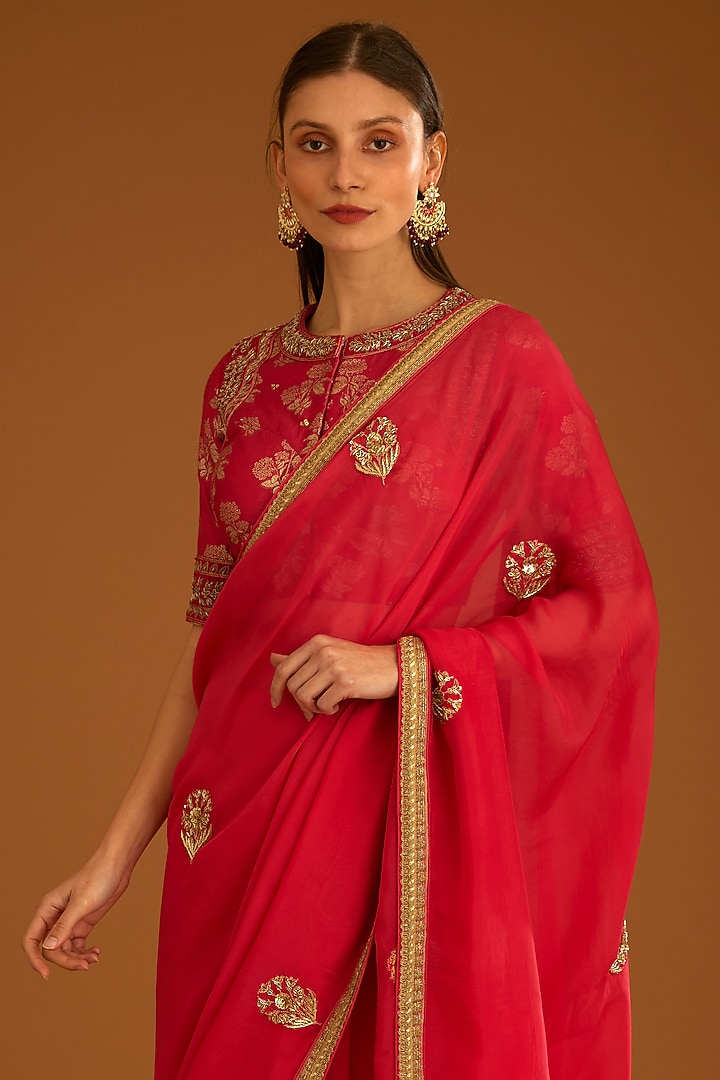 Cranberry Pink Flat Chiffon Embroidered Wedding Saree Set by Shyam Narayan Prasad at Pernia's Pop Up Shop