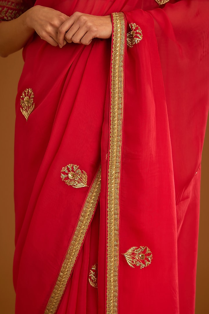Cranberry Pink Flat Chiffon Embroidered Wedding Saree Set by Shyam Narayan Prasad at Pernia's Pop Up Shop