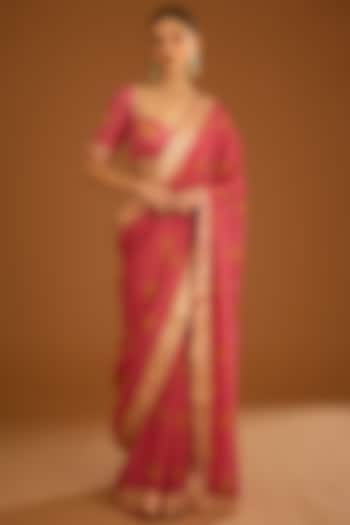 Fuchsia Pink Flat Chiffon Printed Saree Set by Shyam Narayan Prasad